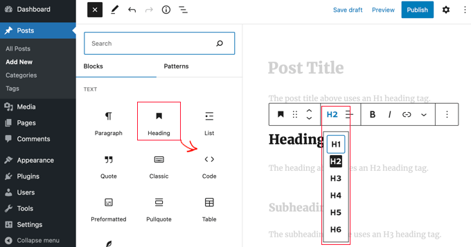 WordPress ブロックエディターを使用して、コードなしで簡単に見出しタグを追加できます You Can Easily Add Heading Tags Without Code Using the WordPress Block Editor