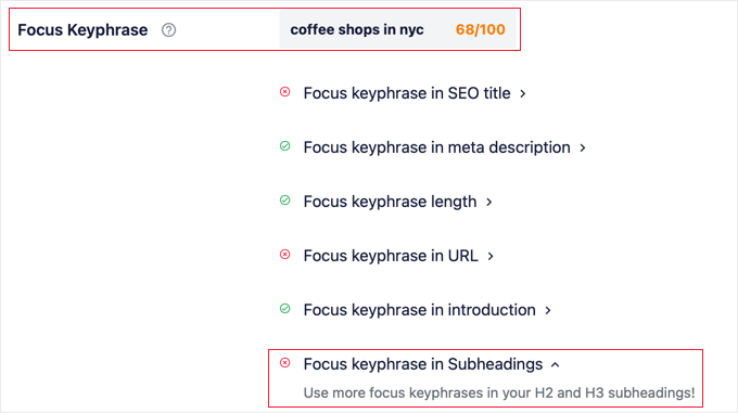 AIOSEO は、より多くの小見出しでフォーカス キーフレーズを使用する必要がある場合に推奨します AIOSEO Will Recommend When You Should Use the Focus Keyphrase in More Subheadings