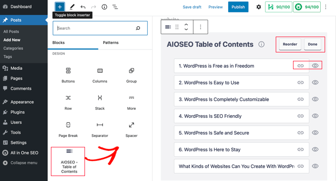 AIOSEO の目次ブロックを投稿またはページに追加する Add an AIOSEO Table of Contents Block to the Post or Page
