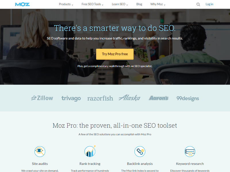 Page d'accueil de l'ensemble d'outils Moz SEO