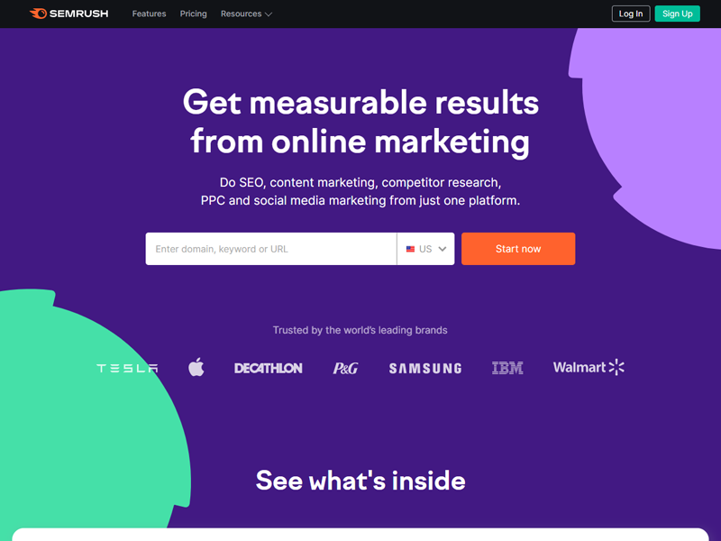 Page d'accueil de Semrush