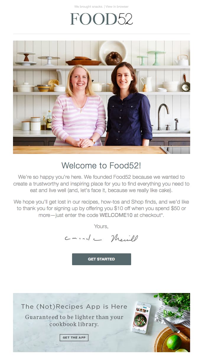 Приветственное письмо SeedProd Food 52 welcome message email example