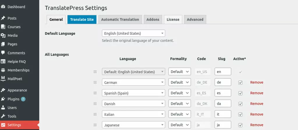 capture d'écran des paramètres de TranslatePress dans WordPress