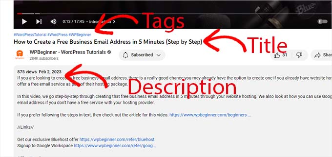 YouTube 動画で使用されているタイトル、タグ、説明 Title, tags, and descriptions used in a YouTube video