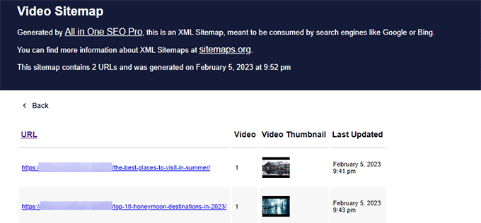 動画サイトマップのプレビュー Video sitemap preview