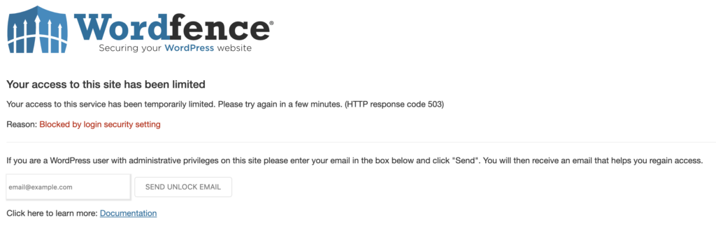 Notificare Wordfence privind blocarea accesului la site