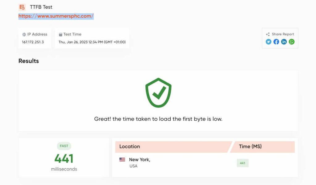 Test TTFB al paginii web găzduite pe hostgator