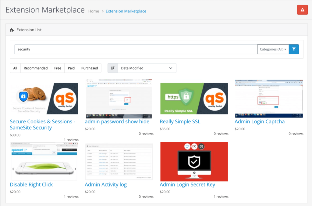 O captură de ecran a extensiilor OpenCart Security