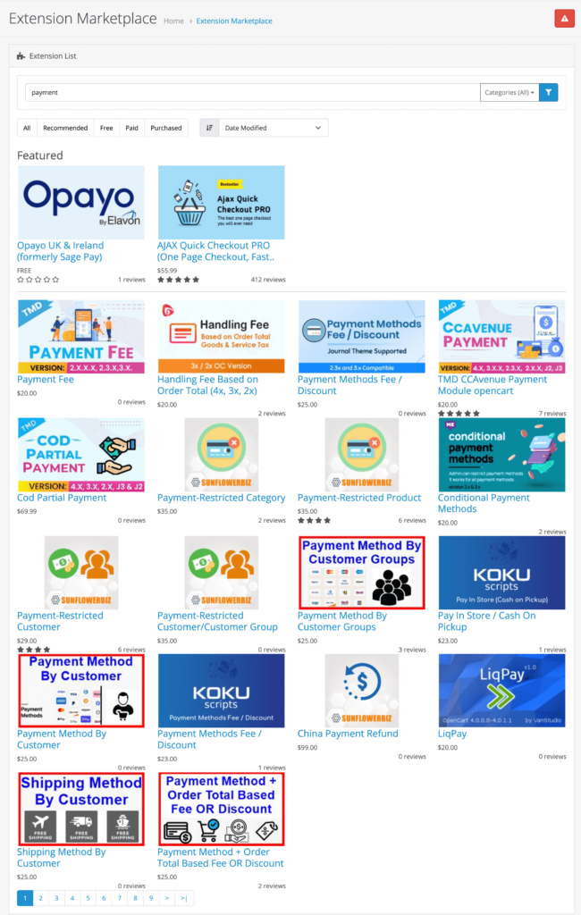 O captură de ecran a gateway-urilor Opencart Payment