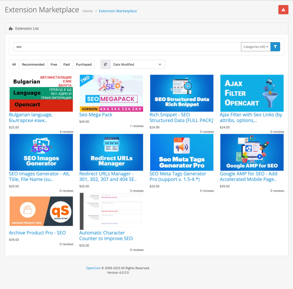 O captură de ecran a extensiilor SEO OpenCart