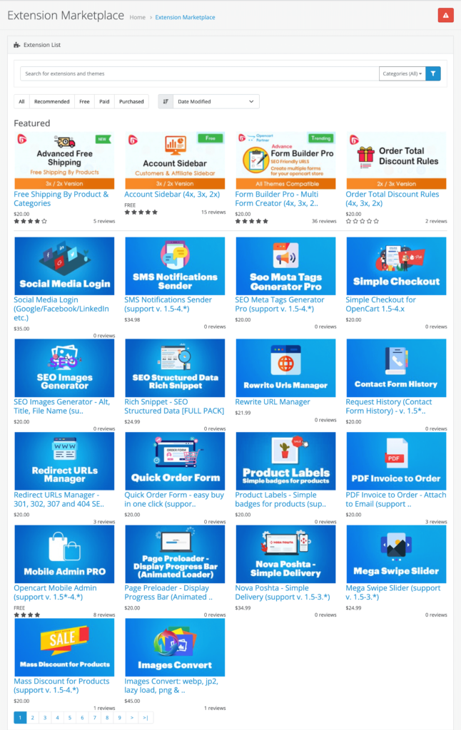 O captură de ecran a extensiilor OpenCart