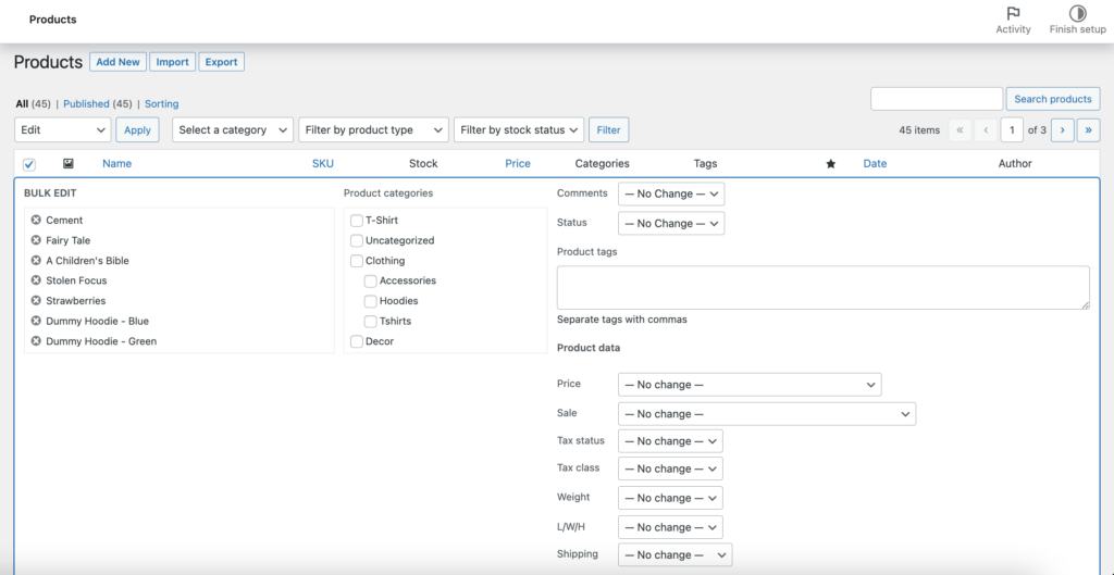 O captură de ecran a opțiunii WooCommerce Bulk Edit