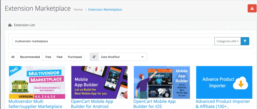 O captură de ecran a pieței Opencart