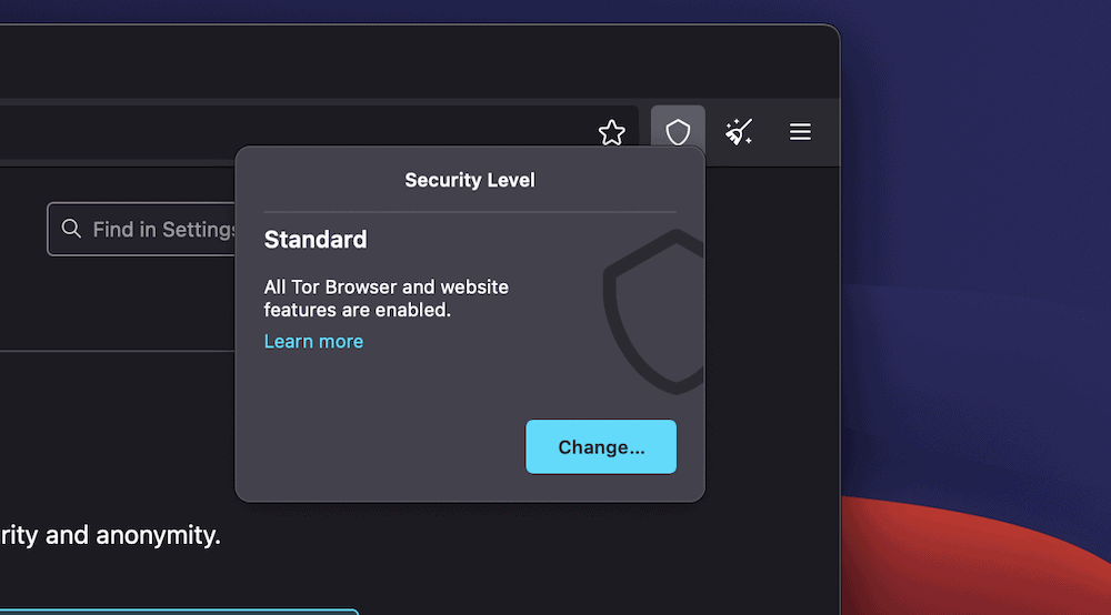 TEXT ALT: Partea superioară a browserului Tor care arată meniul derulant Nivel de securitate. Setarea este la