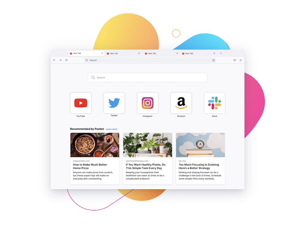 Fereastra browserului Firebox afișând o pagină de pornire care conține linkuri de rețele sociale și link-uri suplimentare către postări de blog. Fundalul prezintă forme galbene, albastre și roz.