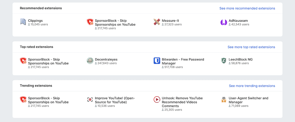 Ecranul bibliotecii de extensii Mozilla care arată o colecție de extensii diferite pe care le puteți instala pentru browserul Tor. Fiecare are o pictogramă și un număr de utilizatori și sunt împărțite în diferite categorii conexe.