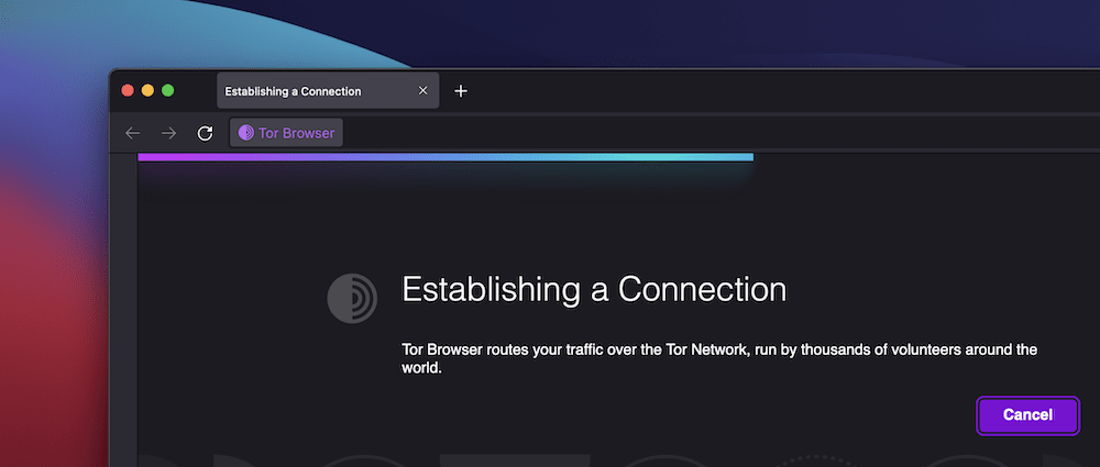 O fereastră parțială a browserului Tor pe un fundal degradat roșu, albastru și violet, care arată o bară de progres de la violet la albastru și o notificare care scrie: