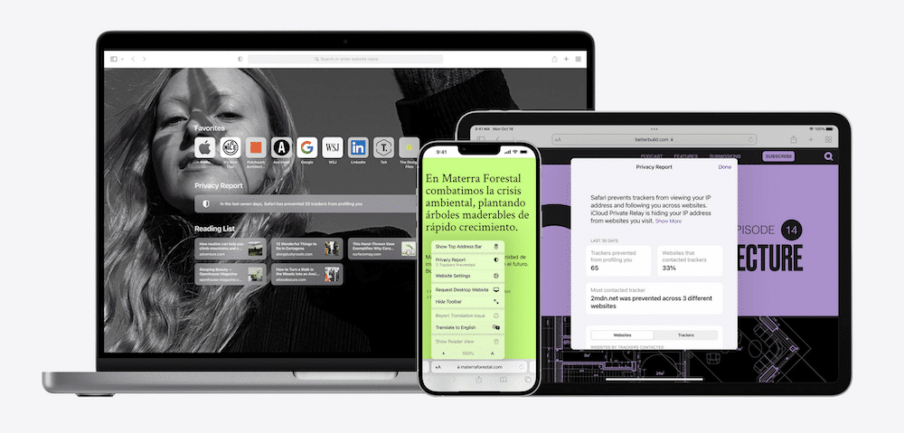 Trei dispozitive — MacBook, iPhone și iPad — care arată diverse exemple ale browserului Safari, inclusiv o pagină de pornire pentru MacBook, un blog verde pentru iPhone și un raport de confidențialitate a browserului pentru iPad.