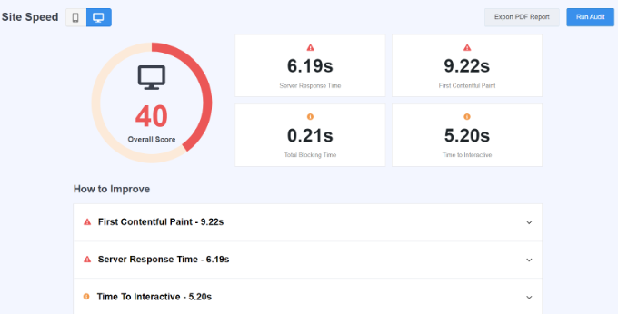 Laporan kecepatan situs Site speed report