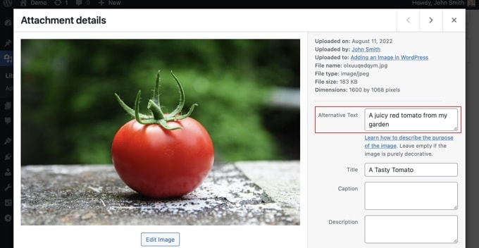 Melihat atau mengedit teks alternatif untuk gambar Anda di perpustakaan media WordPress Viewing or editing the alt text for your image in the WordPress media library