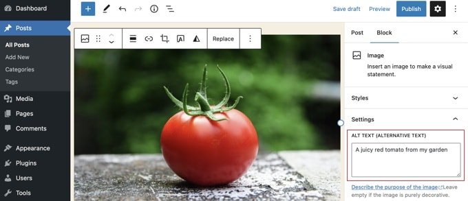 Menambahkan teks alt ke gambar di editor blok WordPress Adding alt text to an image in the WordPress block editor