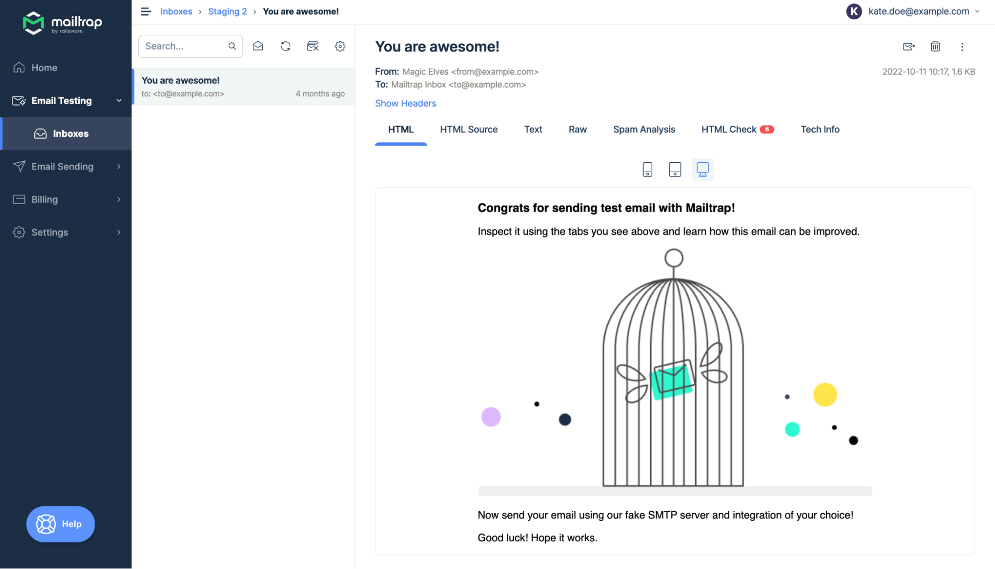 Testarea e-mailului Mailtrap
