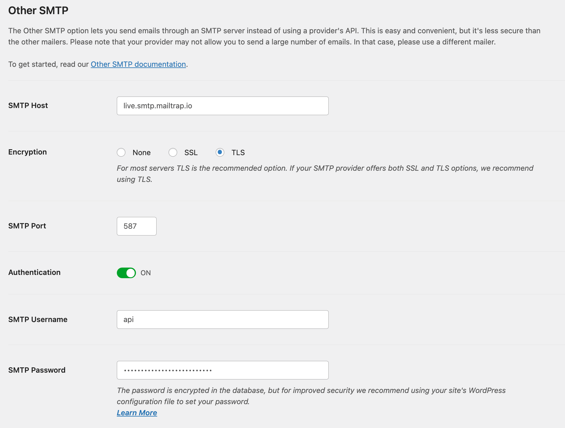 Setări SMTP Mailtrap