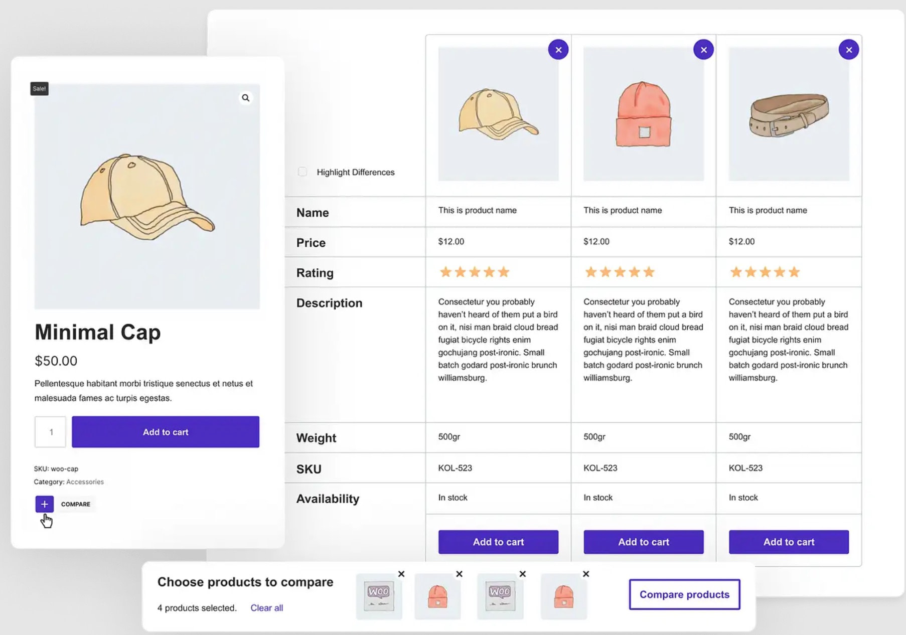 WooCommerce membandingkan contoh tabel produk dari plugin Sparks