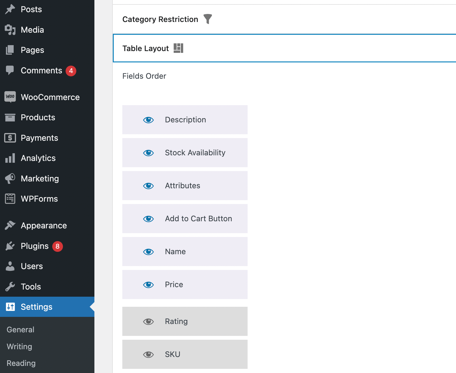 Mengubah urutan tabel perbandingan produk WooCommerce