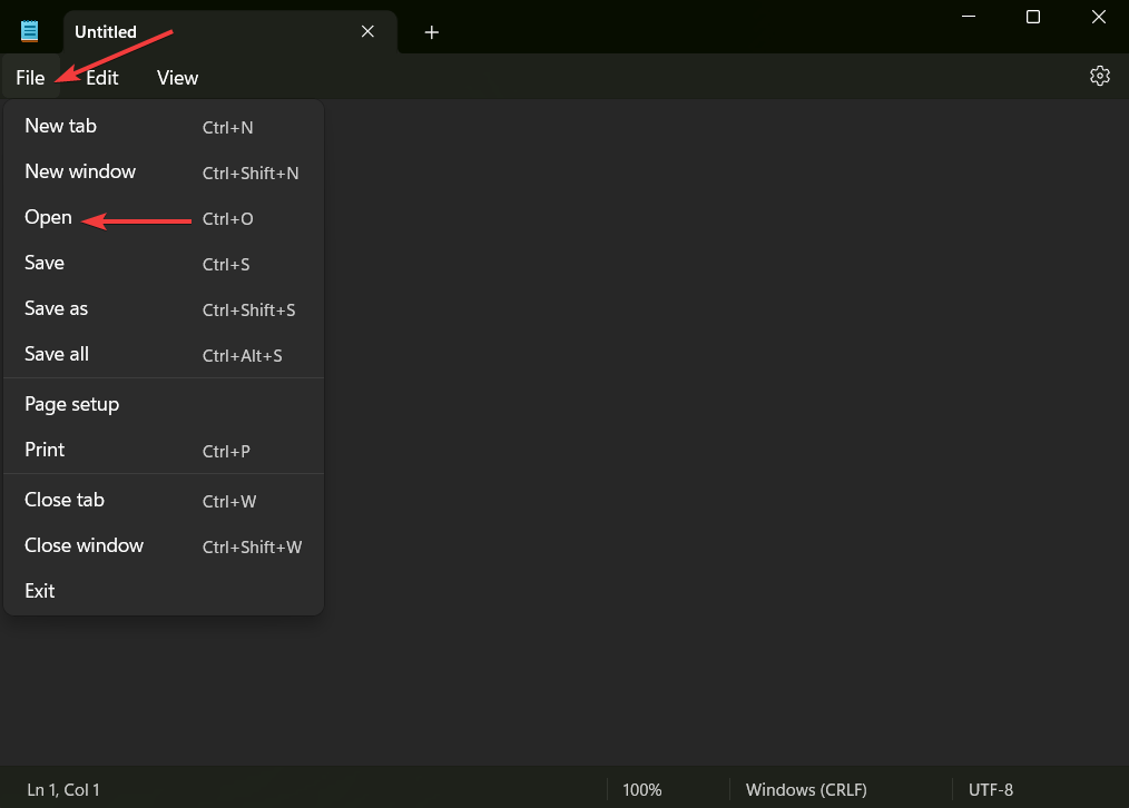 file dan buka opsi di notepad