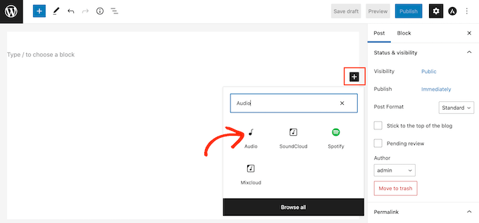 Wbudowany blok audio WordPress The built-in WordPress audio block