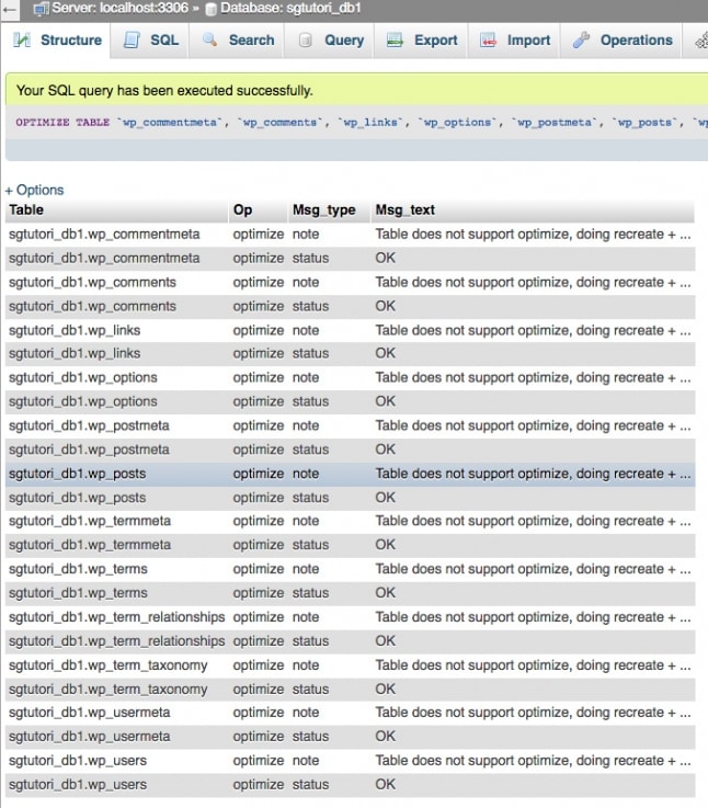 optimizați tabelele bazei de date mysql