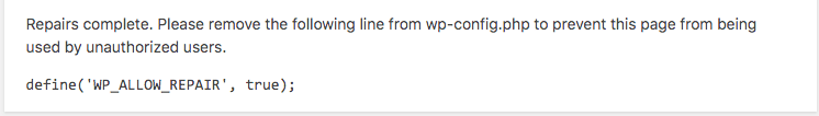 Repararea bazei de date wordpress finalizată