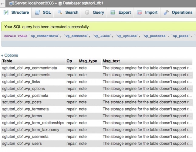 reparați tabelul bazei de date mysql