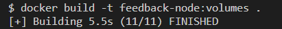 Screenshot: finestra del terminale che mostra i risultati del comando docker build con l'archiviazione del volume.