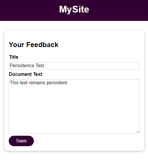 Screenshot: Inserimento di testo nel modulo di feedback dell'applicazione demo.