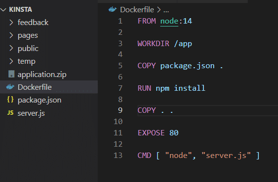 Screenshot: Dockerfile modificato per rimuovere l'attributo VOLUME.