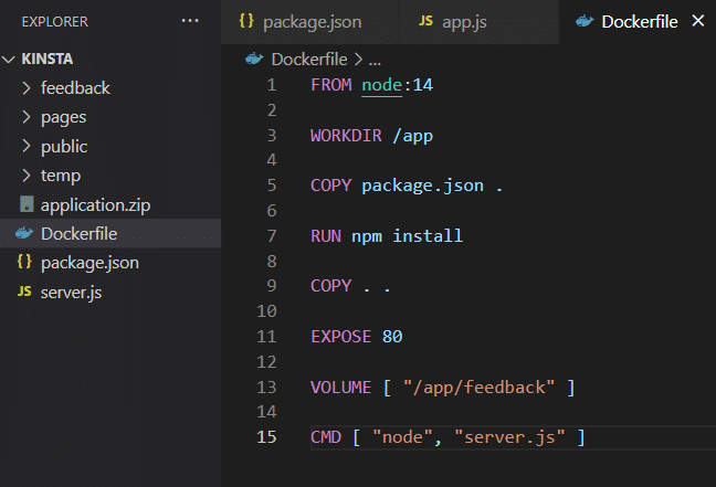 Screenshot: contenuto del file Docker, incluso un attributo VOLUME.