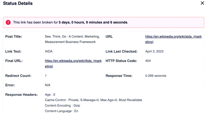 get-status-dettagli-collegamenti interrotti get status details for broken links
