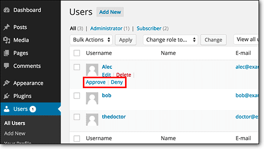 Abilita l'approvazione manuale degli utenti appena registrati