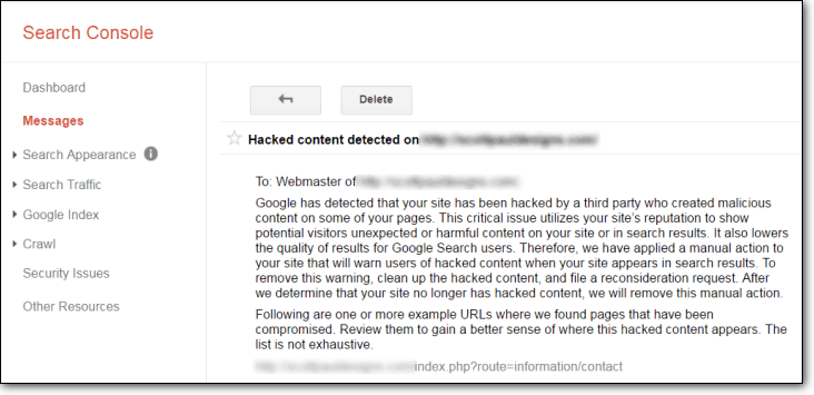 検索コンソールのハッキングされたウェブサイトの通知
