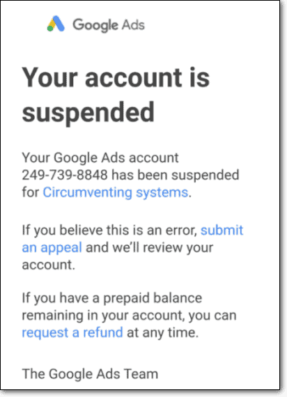 Wiadomość e-mail o zawieszeniu konta Google Ads