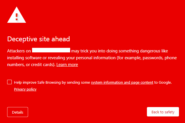 不正なサイトへの警告メッセージ