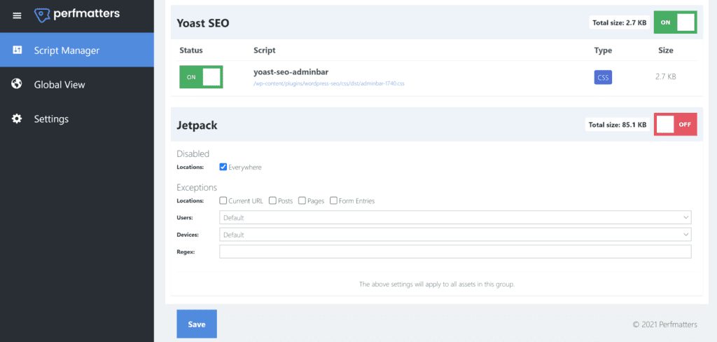 WordPress'te kullanılmayan CSS'yi kaldırmak için Perfmatters Script Manager