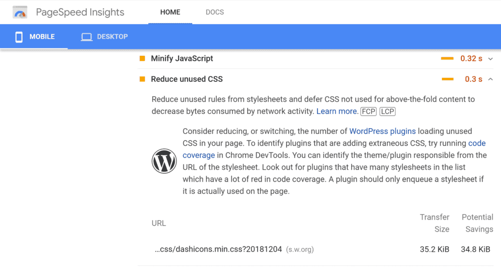 PageSpeed Insights'ı kullanarak Kullanılmayan CSS'yi Görüntüleme
