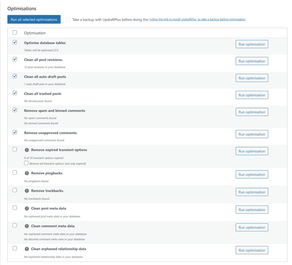 WP-Optimize WordPress データベース クリーンアップ ダッシュボード