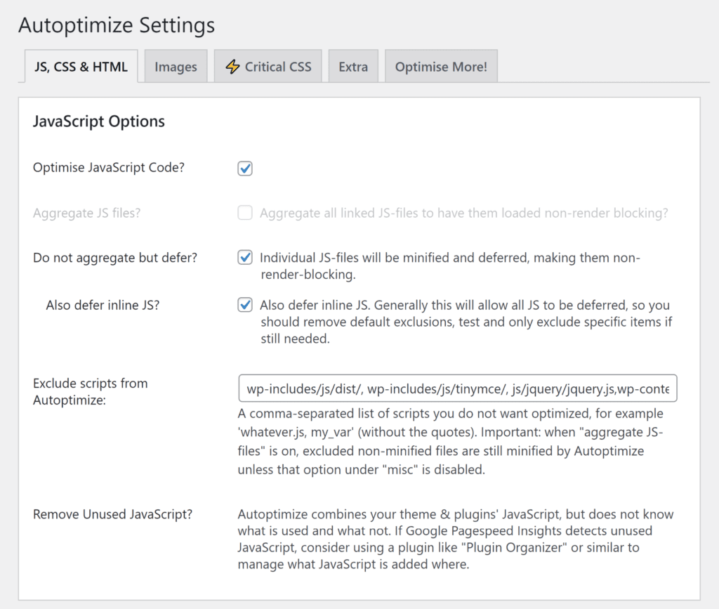 отложить разбор javascript в WordPress с помощью Autoptimize