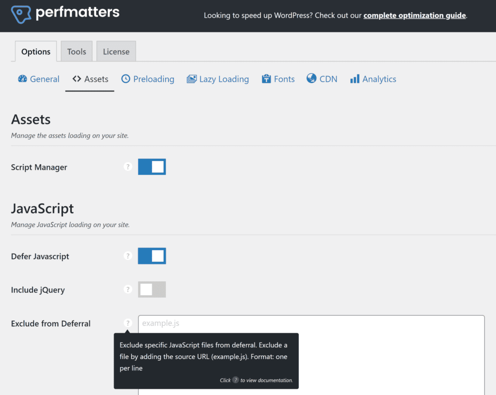 Настройки Perfmatters Javascript для отсрочки разбора Javascript
