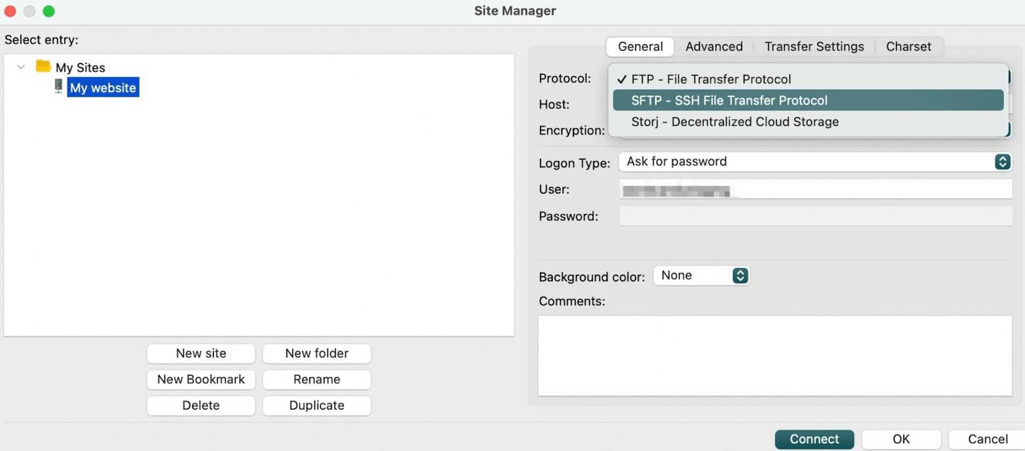 FileZilla で FTP を SFTP に変更する