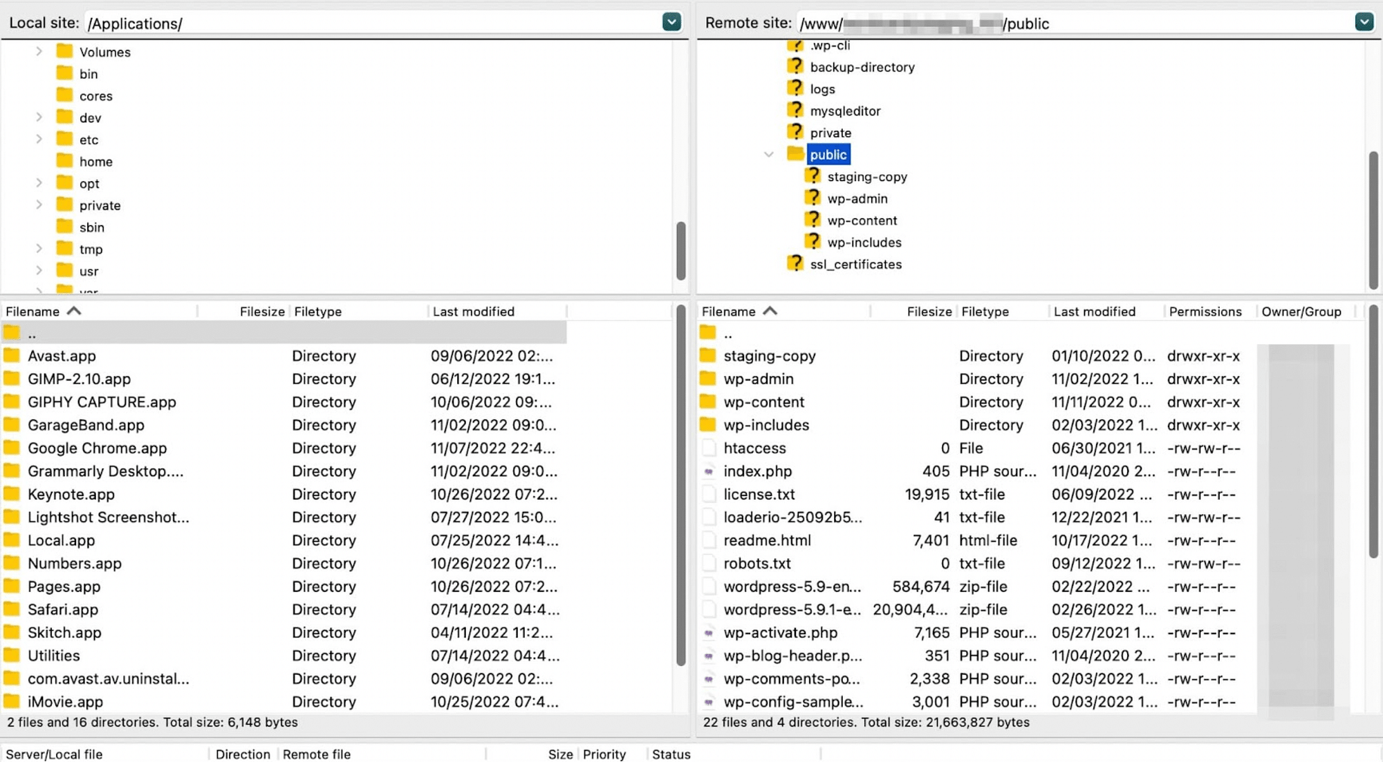 FileZilla で WordPress ルート ディレクトリにアクセスし、必要な html ファイルを WordPress にアップロードします。